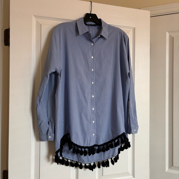 ZARA Blue and White Striped Button Down with Black Tassels on Hem - Picture 3 of 11